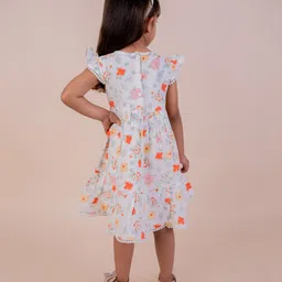 Snuggly MONKEY Seersucker Woven Cap Sleeves Floral Printed Lace Detailed Tiered Dress With Headband - Off White image 4