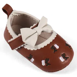 Cute Walk by Babyhug Velcro Closure Booties with Floral Embroidery & Bow Applique - Brown image 3