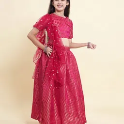 Piccolo Silk Woven Half Sleeves Floral Designed Lehenga Choli Set With Ruffled Dupatta - Pink image 4