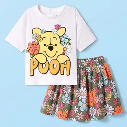 babyhug disney Babyhug Cotton Knit Half Drop Shoulder Sleeves Top with Winnie The Pooh Graphics & Floral Printed Skirt - White image 4