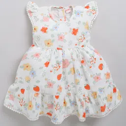 Snuggly MONKEY Seersucker Woven Cap Sleeves Floral Printed Lace Detailed Tiered Dress With Headband - Off White image 5