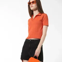 Only Orange Cotton Slim Fit Crop Polo T-Shirt-image-85