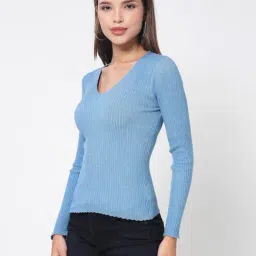 Kalt Light Blue Melange Cotton Solid Sweater image 3