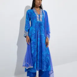 Vark by Westside Blue Printed A-Line Kurta, Palazzos and Dupatta Set image 3