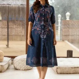 Autumnlane Navy Blue Cotton Comfort Fit Embroidery Dress-image-11