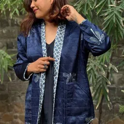 Chidiyaa Blue Sardi Ki Dhoop Dragonfly Mashru Silk Reversible Jacket-picture-1