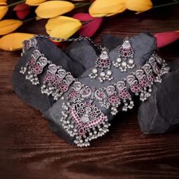Saraf RS Jewellery Oxidised Silver Toned Antique Temple Peacock Design Choker  Jewellery set-picture-8