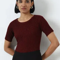 Wardrobe by Westside Maroon Ribbed Glitter Top-picture-46