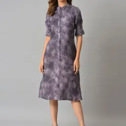 W Purple Cotton Printed A-Line Dress-picture-23