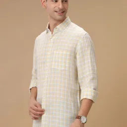 Linen Club Yellow Linen Slim Fit Checks Shirt image 3