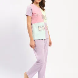 MADAME M Secret Mauve Cotton Color-Block T-Shirt With Pyjamas image 3