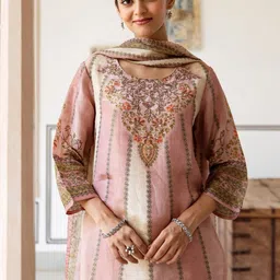 Sangria Women Peach & Beige Tissue Simmer Round Neck Kurta Sets image 4