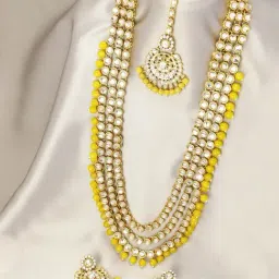 Peora Yellow Necklace with Earring & Maang Tikka Set-picture-14