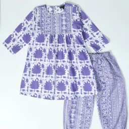Bella Moda Kids Purple & White Printed Full Sleeves Kurti with Pants image 3