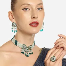 Zaveri Pearls Green Kundan Stones & Beads Choker Necklace Earring & Ring Set-ZPFK16604-picture-18