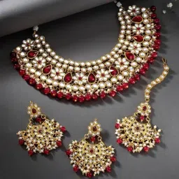 Peora Maroon Necklace with Earring & Maang Tikka Set-picture-28