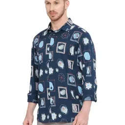 Basics Navy Cotton Slim Fit Printed Shirt image 3