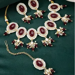 Peora Gold Plated Maroon Synthetic Stone Necklace Earrings & Maangtikka Jewellery Set-picture-11