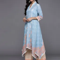 Biba Women Blue Ethnic Motifs Printed Pure Cotton Kurta with Trousers & With Dupatta image 5
