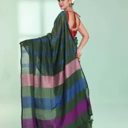 CHARUKRITI Hunter Green Cotton Striped Saree With Unstitched Blouse image 2