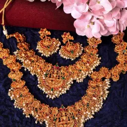 Saraf RS Jewellery Gold Toned Gorgeous Saaddhvi Haram Combo Temple Jewelleey Set-image-75