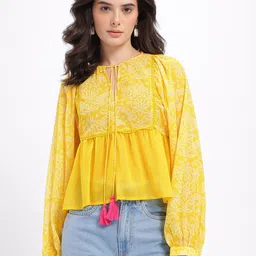 fusion by glitchez Ethnic Motifs Printed Tie-Up Neck Puff Sleeve Peplum Top image 4