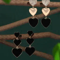 Zaveri Pearls Set of 2 Black Enamel Hearts Austrian Diamonds Contemporary Drop Earrings-ZPFK17966-image-67