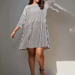 Amydus Women Plus Size White Striped A-Line Dress image 1