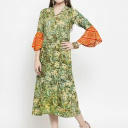 Indibelle Women Olive Green Printed Fit and Flare Dress-image-57