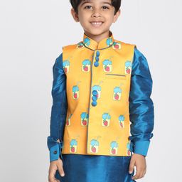 VASTRAMAY Boys Orange & Blue Printed Slim-Fit Satin Nehru Jacket-picture-49