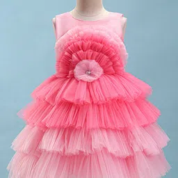 Bluebell Net Woven Sleeveless Layered Party Frock with Floral Applique - Pink-picture-18