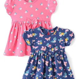Babyhug 100% Cotton Jersey Knit Half Sleeves Frock With Floral Print Pack Of 2 - Multicolor-picture-26