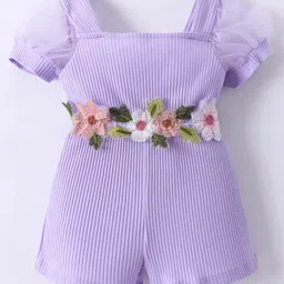 Kookie Kids Half Sleeves Jumpsuit With Floral Applique - Purple-picture-14