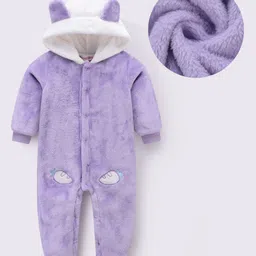 Kookie Kids  Full Sleeves Winter Wear Hooded Romper with Bunny Ear Applique  & Carrot Embroidery - Lavender-image-29
