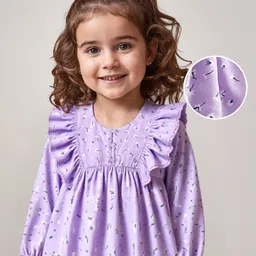 Babyhug Rayon Knit Full Sleeves Top with Floral Print & Frill Detailing - Purple-picture-25