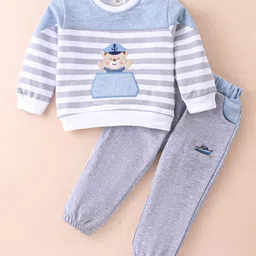 ToffyHouse 100% Cotton Knit Full Sleeves T-Shirt & Lounge Pants Set With Stripes & Teddy Embroidery - Light Grey-image-47