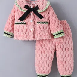 Kookie Kids Full Sleeves Winter Wear Night Suit With Bow Applique - Pink-picture-17