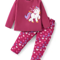 Babyhug Cotton Knit Full Sleeves Night Suit with Unicorn & Heart Print - Dark Pink-picture-28