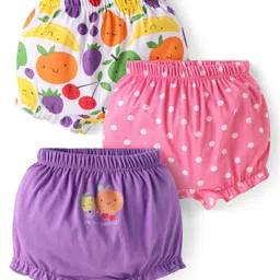 Babyhug 100% Cotton Knit Polka Dots & Fruit Printed Bloomers Pack of 3 - Purple Pink & White-picture-24