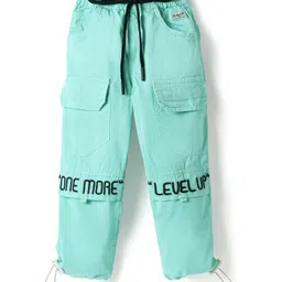 Olio Kids Cotton Woven Full Length Trouser With Text Embroidery - Aqua Blue-picture-25
