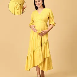 The Mom Store Cotton Blend Three Fourth Sleeves Abstract Printed Maternity Wrap Dress With Zipless Nursing Access - Yellow-picture-23