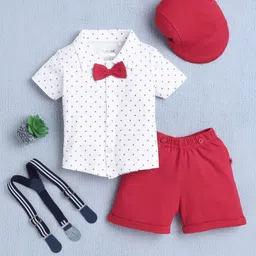 BUMZEE Cotton Half Sleeves Stars Printed Shirt Shorts With Suspender Bow & Cap Set - White & Red-picture-29