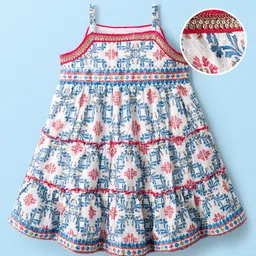 EARTHY TOUCH Cotton Woven Sleeveless Ethnic Dress With Floral Print - White-picture-16