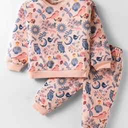 CUCUMBER Sinker Knit Full Sleeves Co-Ord Night Suit With Bird & Floral Print - Peach-picture-29