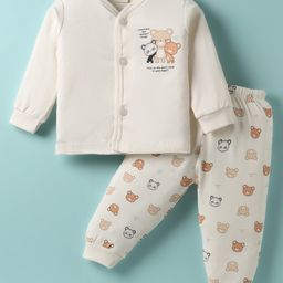 CUCUMBER Sinker Knit Full Sleeves Front Open Night Suit with Bear Print - Off White-image-85