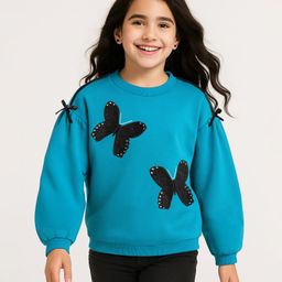 arias by lara dutta Arias 100% Cotton Fleece Knit Full Drop Shoulder Sleeves Sweatshirt With Butterfly Applique - Blue-picture-24
