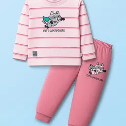 Mini Donuts Single Jersey Knit Full Sleeves Striped T-Shirt & Lounge Pant Set with Fox Graphic - Pink-picture-22