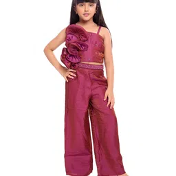 Tiny Kingdom Woven Sleeveless Pearls Embellished Frill Detailed Top & Palazzo With Hairband Set - Pink-picture-24
