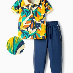 OLLINGTON ST. 100% Cotton Knit Half Sleeves Leaves Printed Polo T-Shirt & Jogger Set - Multicolor & Blue-picture-27