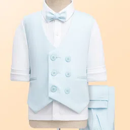 Babyhug Woven Full Sleeves Solid Color 3 Piece Party Suits with Bow - Aqua Blue-picture-11
